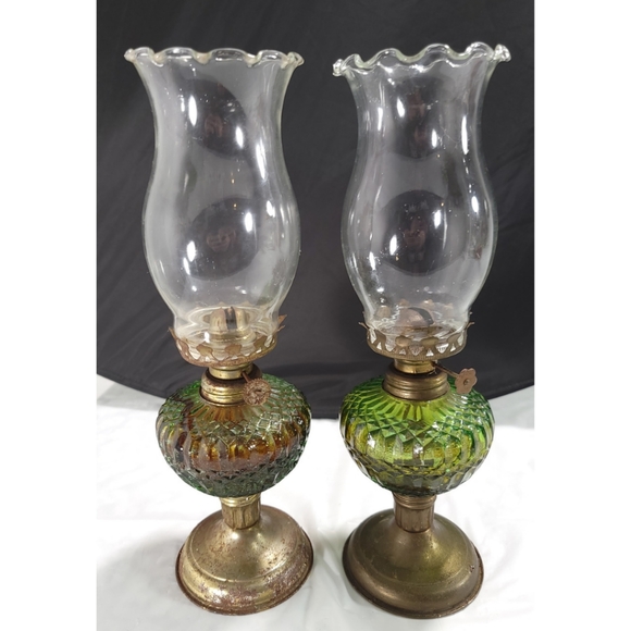 Unknown Accents Green Hobnail Mini Oil Lamps X2 Brass Base Clear